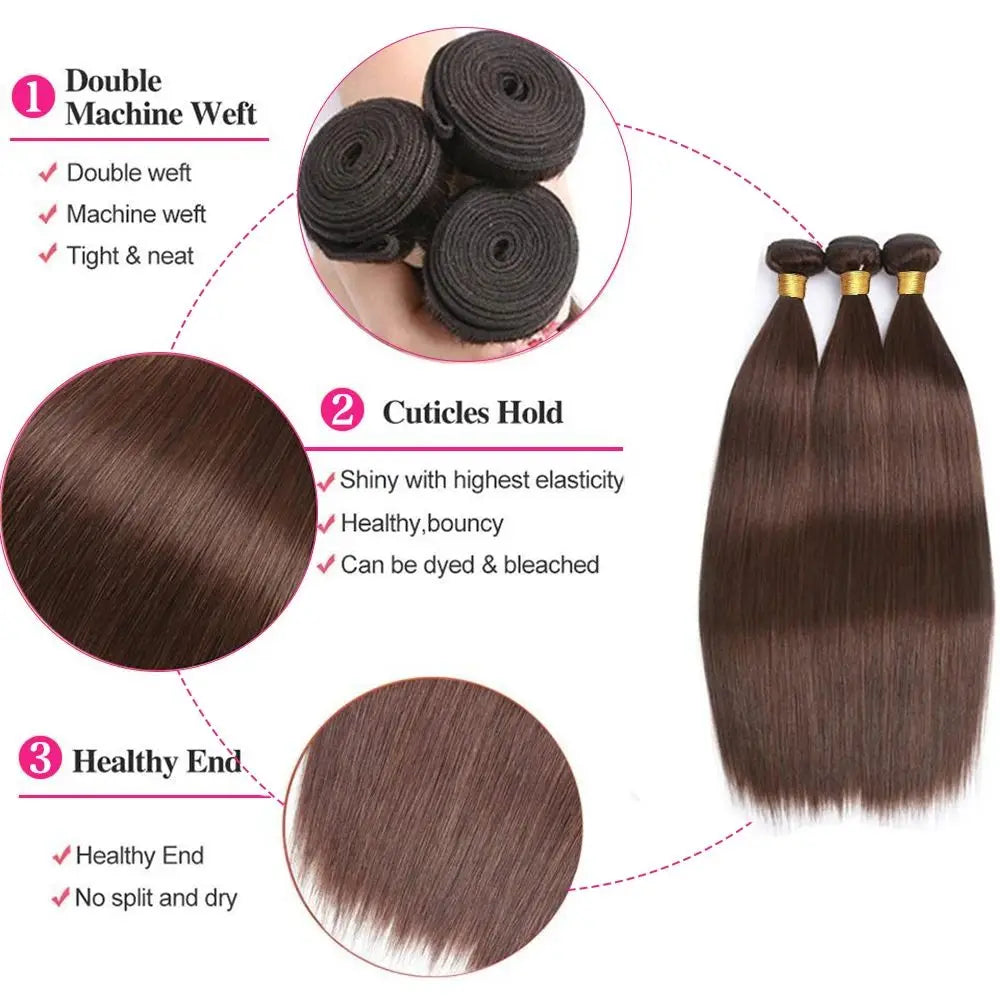 Dark Brown Bundle Color #4 Straight Remy Human Hair Bundle Chocolate Brown Straight 3 Bundles Brazilian Virgin Human Hair Bundle