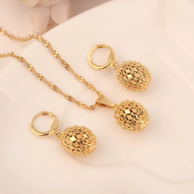 Gold Color Africa Dubai  Flower Jewelry Necklace pendant Earrings Wedding Bridl Party Sets Women Girl Gift