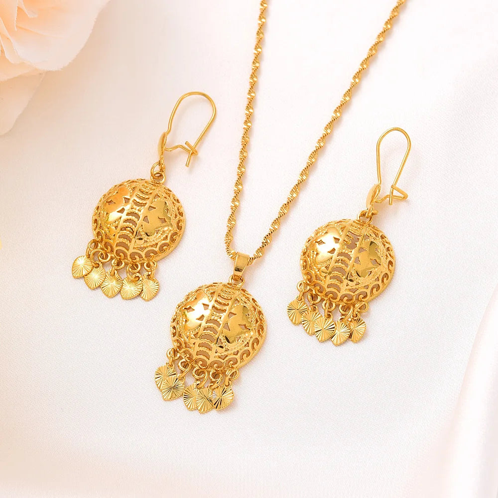 Gold Color Africa Dubai  Flower Jewelry Necklace pendant Earrings Wedding Bridl Party Sets Women Girl Gift
